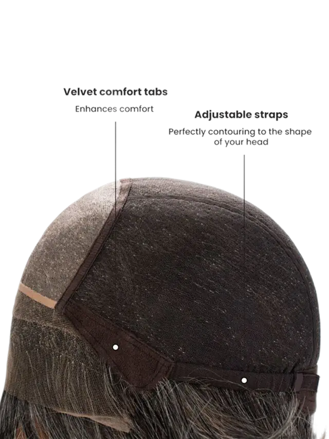 Jane wig velvet comfort tabs and adjustable strap details